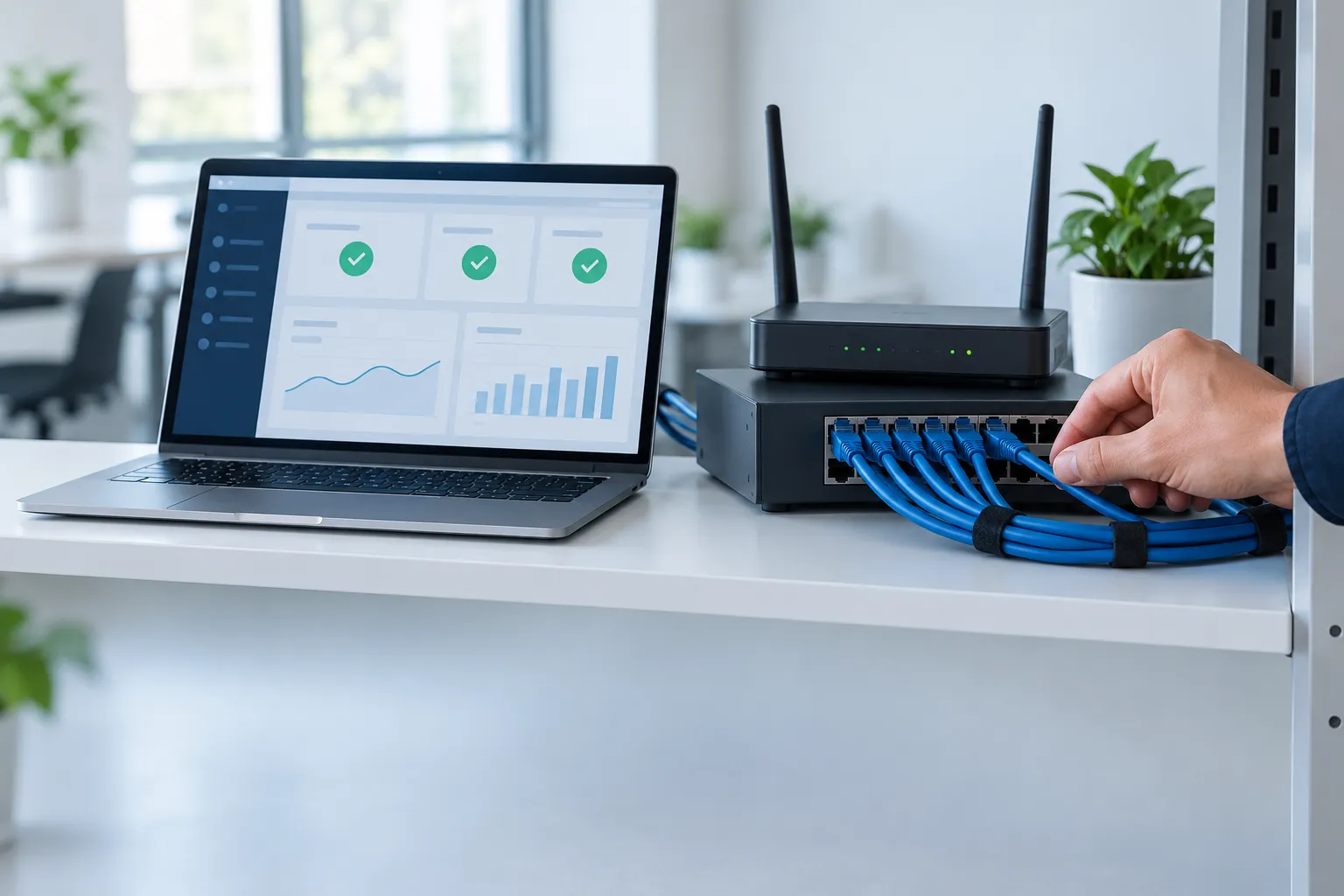 A laptop showing a healthy system dashboard beside a network switch and router