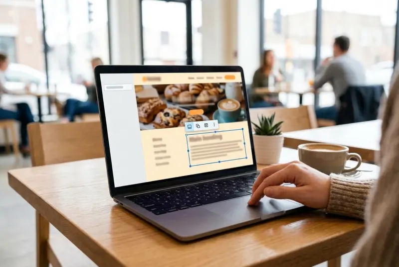 A cafe owner clicks a heading on their website to edit it in place