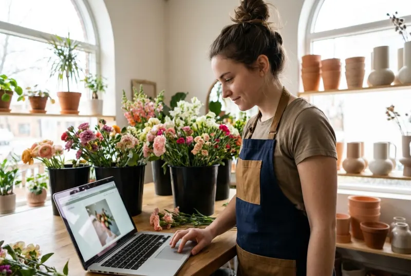 A florist swaps a photo on the shop's website between arrangements