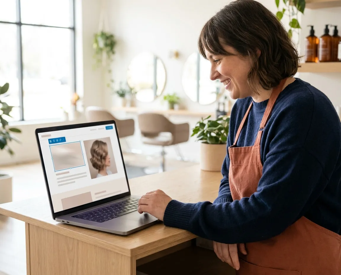 A salon owner smiling while editing a heading on the salon's website