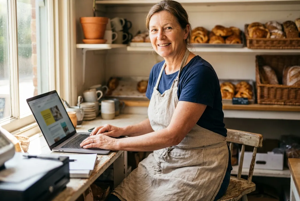 A bakery owner smiling at the counter while updating the bakery's website on a laptop