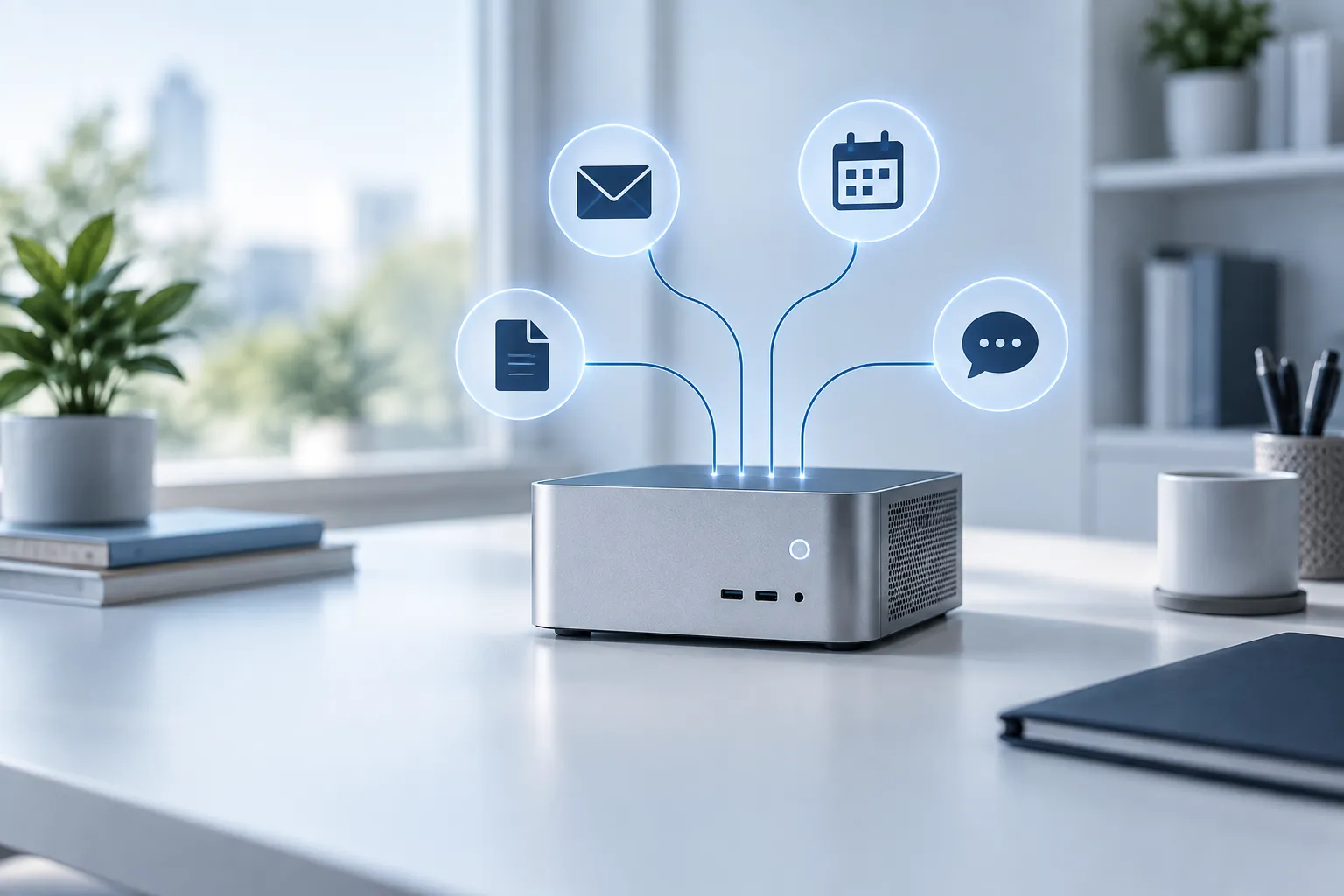 A small local computer connected to email, calendar, document, and chat icons