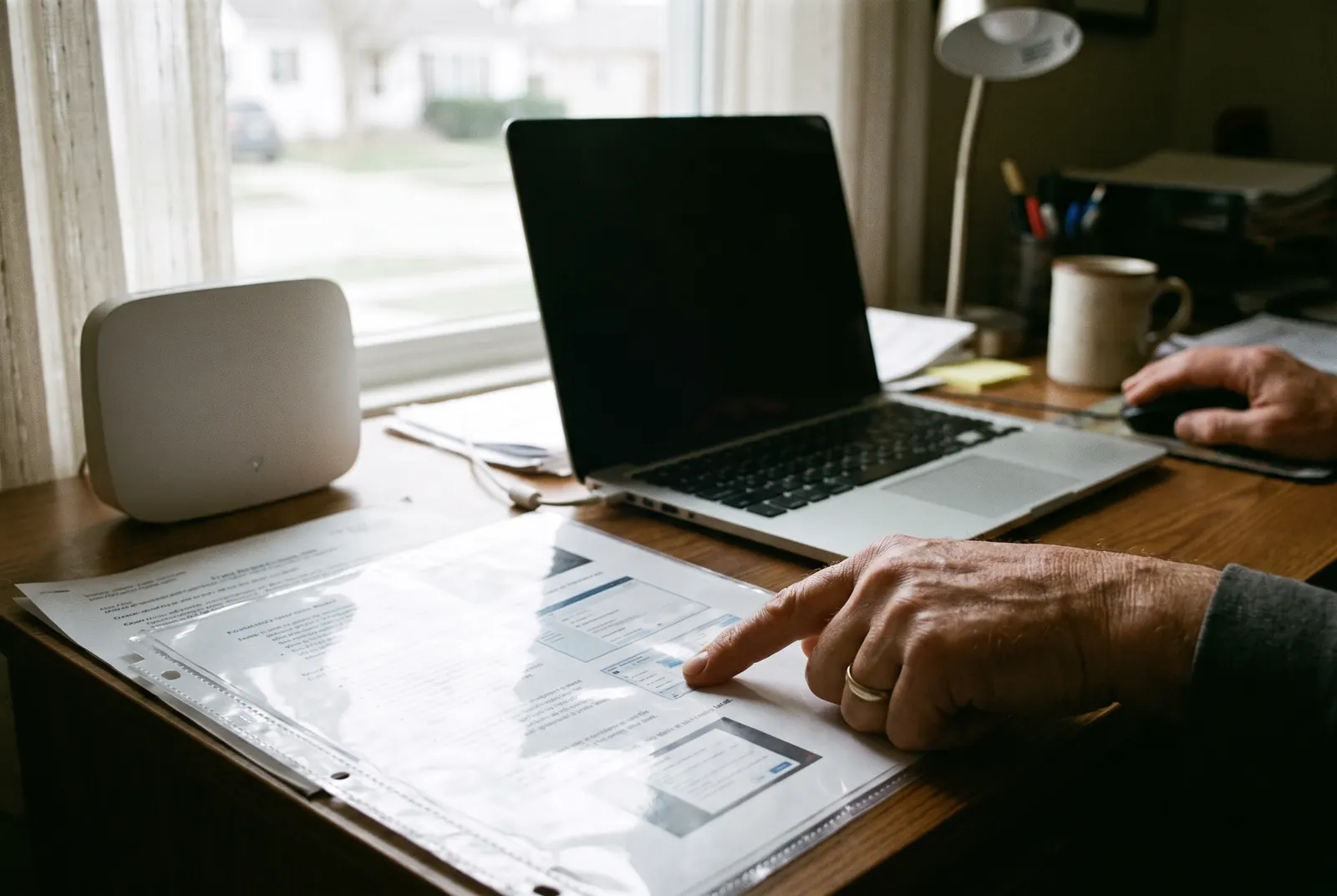 A hand pointing to a step in a printed how-to guide beside a laptop and Wi-Fi router