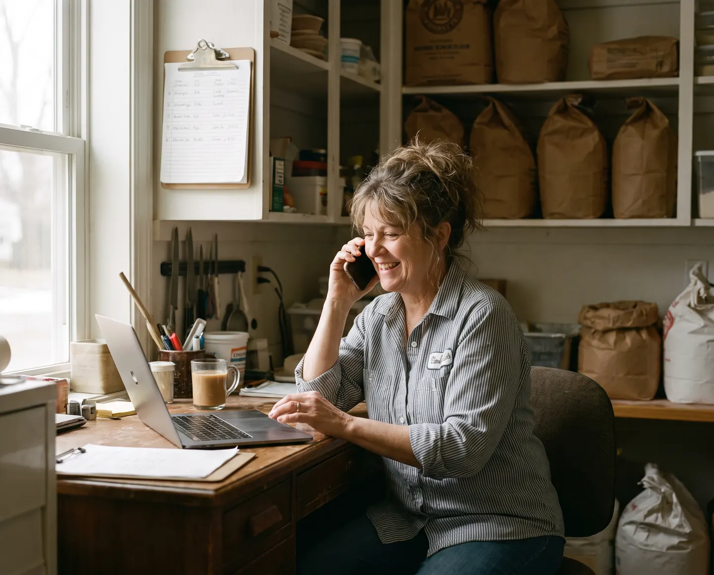 A bakery owner smiling on the phone at her office desk after an IT problem was fixed