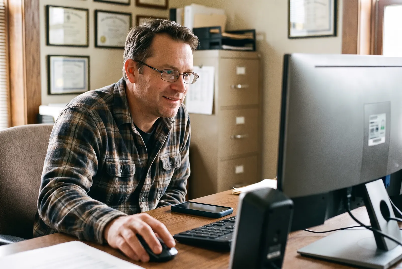 An office owner at his desk following instructions from a phone on speaker beside his keyboard