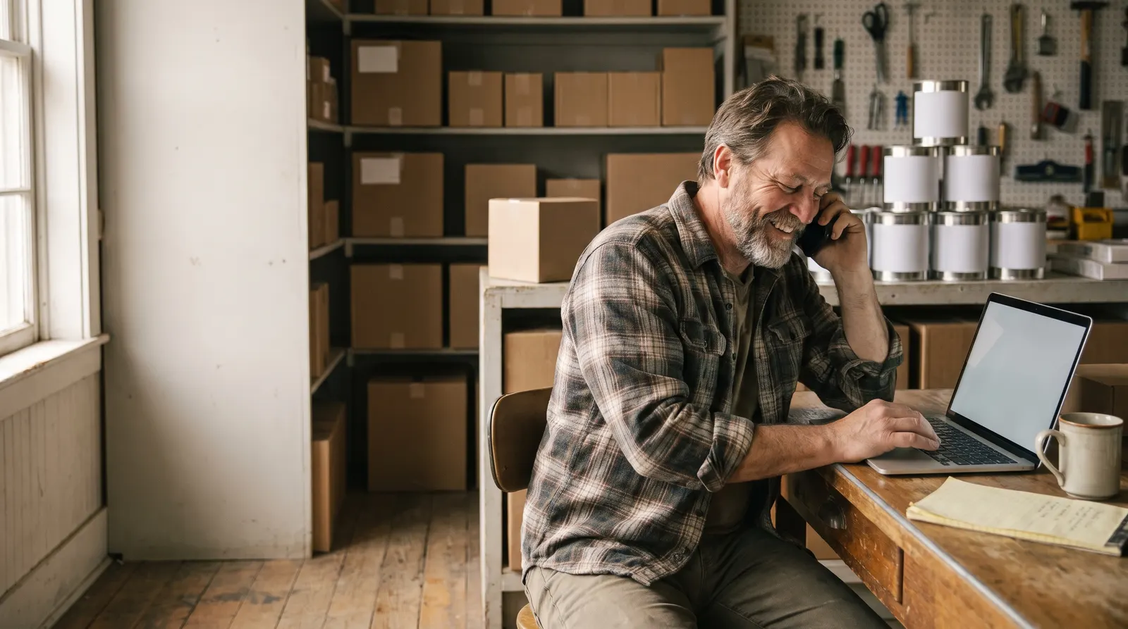 A hardware store owner laughing on the phone at his desk while his laptop problem gets fixed