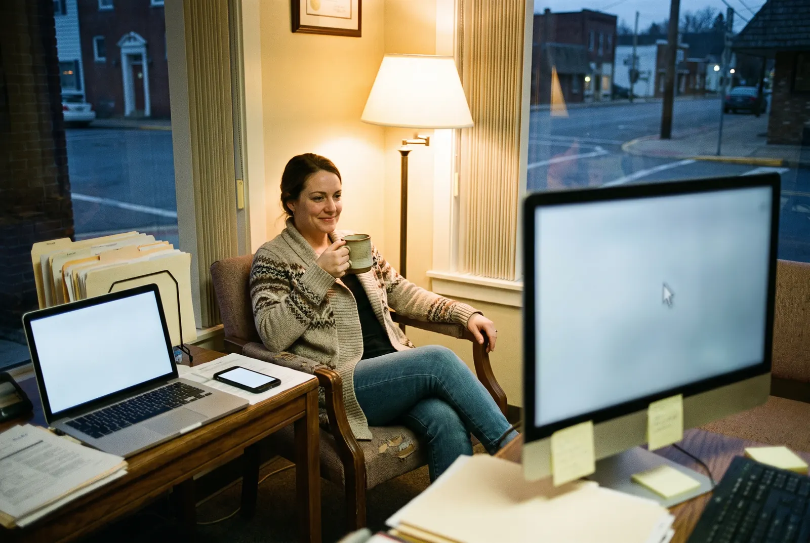 An office manager relaxing with a cup of tea while a technician fixes her computer remotely