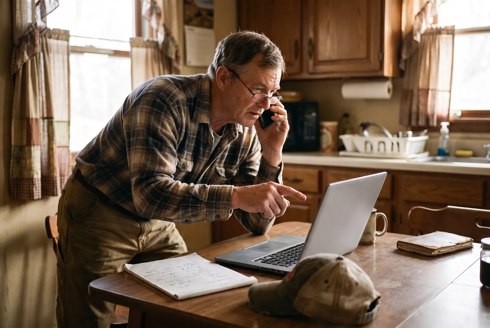A landscaping business owner on the phone, pointing at his laptop as he describes a computer problem