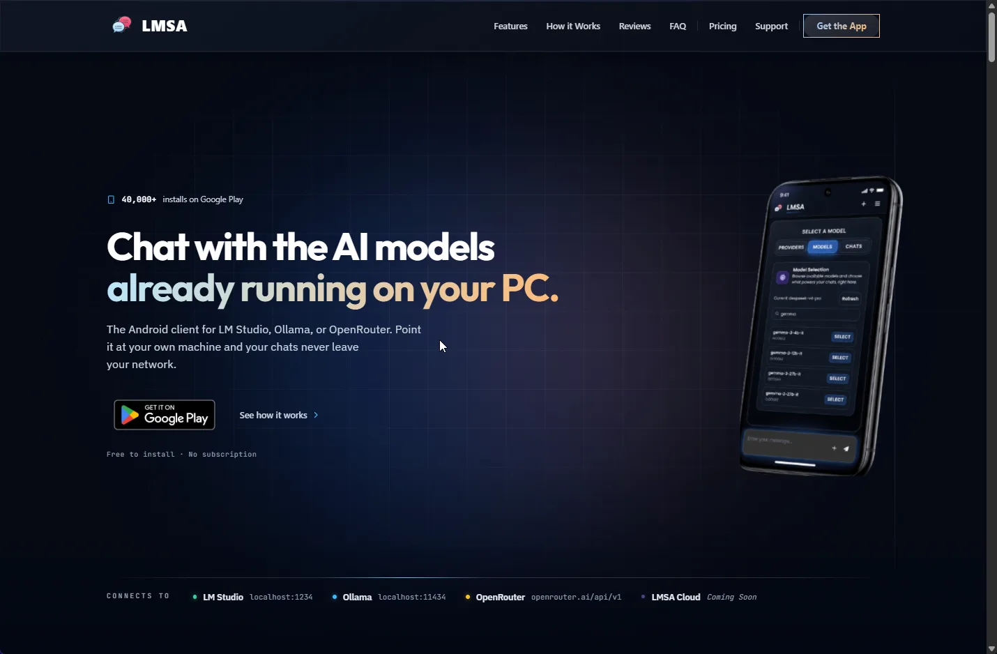 The LMSA Android app for local AI models