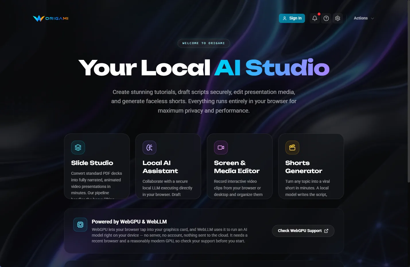 The Origami AI local studio interface