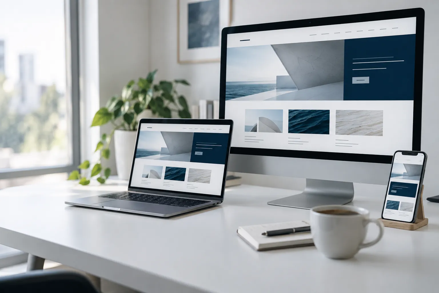 A website shown on a monitor, laptop, and phone on a bright desk
