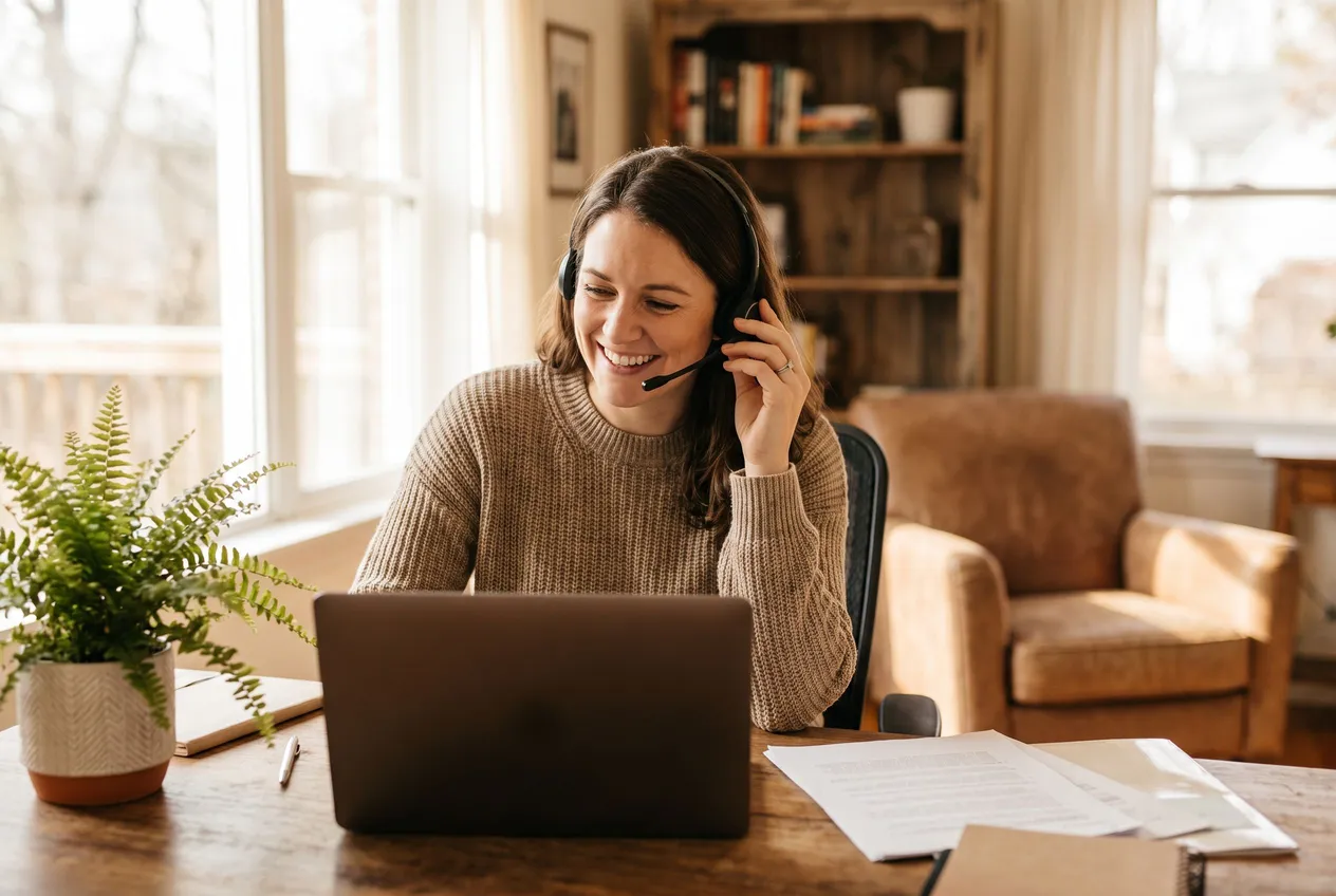A smiling woman at her desk wearing a headset, answering a call