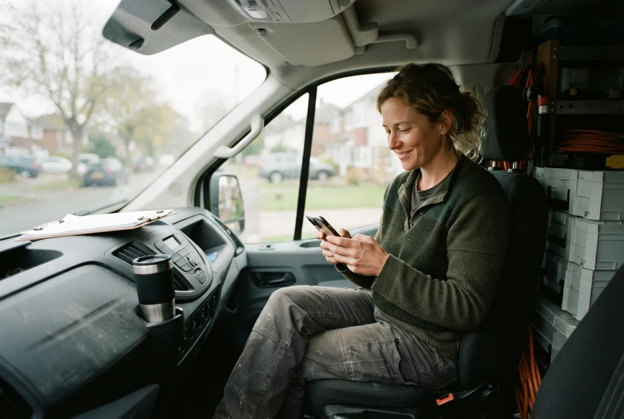 A tradeswoman sitting in her work van, smiling as she reads a message on her phone