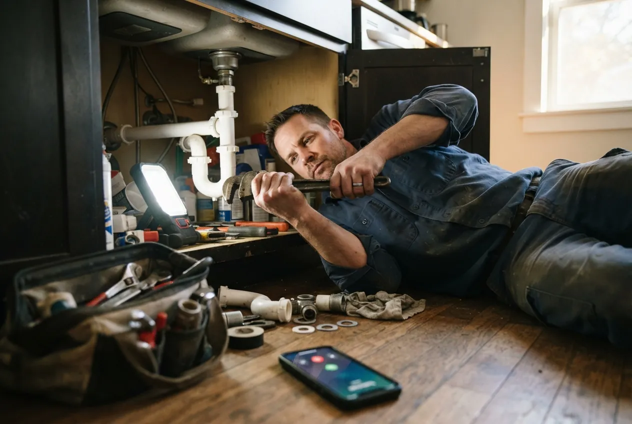 A plumber lying under a kitchen sink with a wrench while his phone rings on the floor beside him