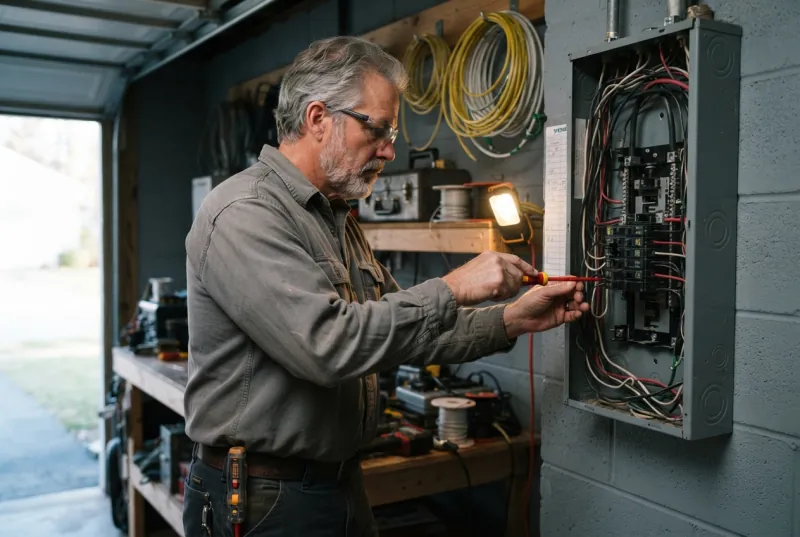 An electrician in safety glasses working on a breaker panel in a garage