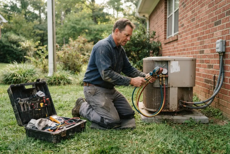 An HVAC technician connecting gauges to an outdoor air conditioning unit