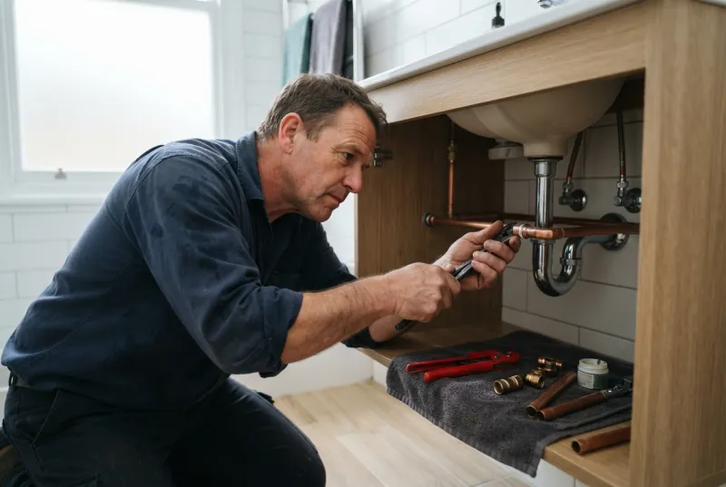 A plumber fitting a copper pipe under a bathroom sink