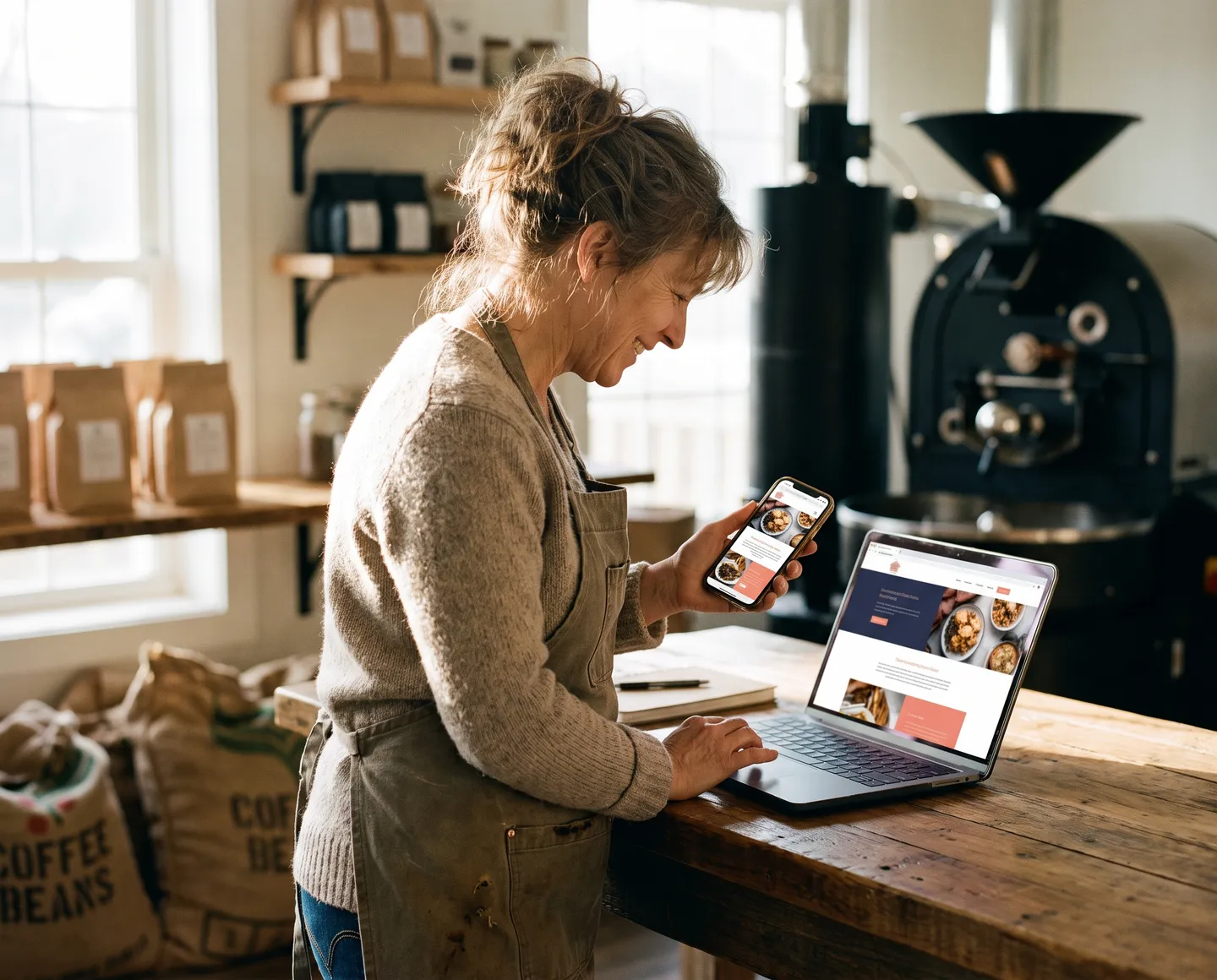 A coffee roastery owner smiling at her new website on her phone and laptop