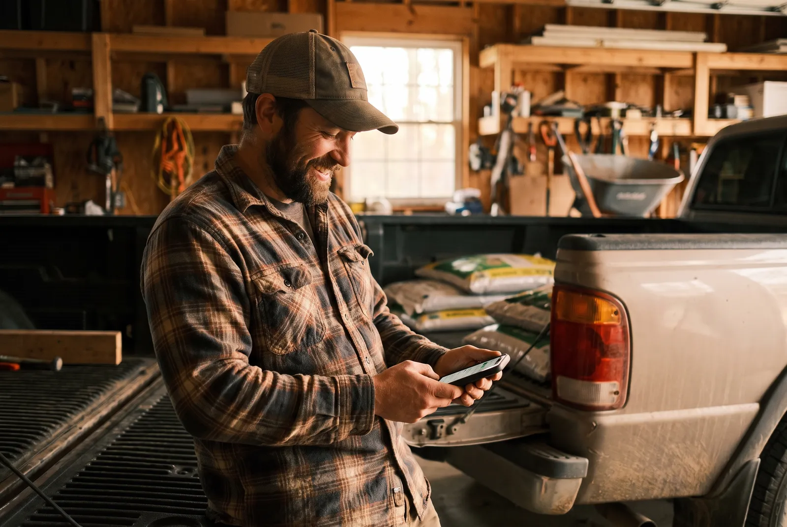 A landscaping business owner smiling at a new quote request on his phone beside his truck