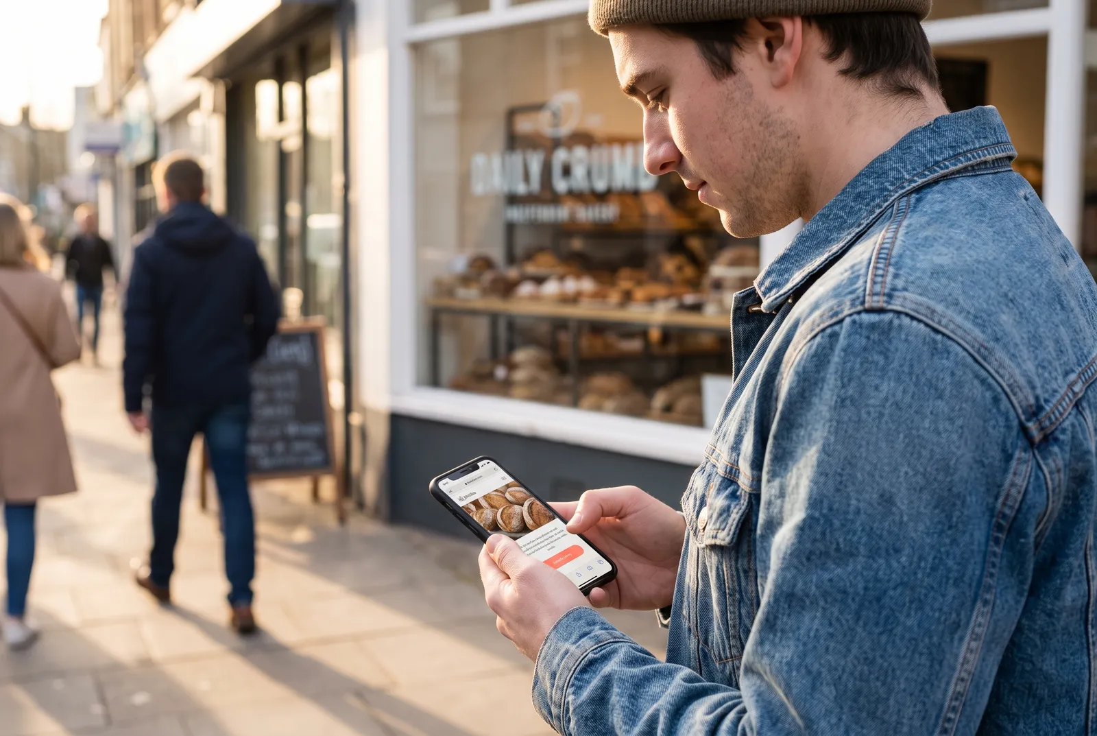 A man on the sidewalk outside a bakery scrolling its website on his phone