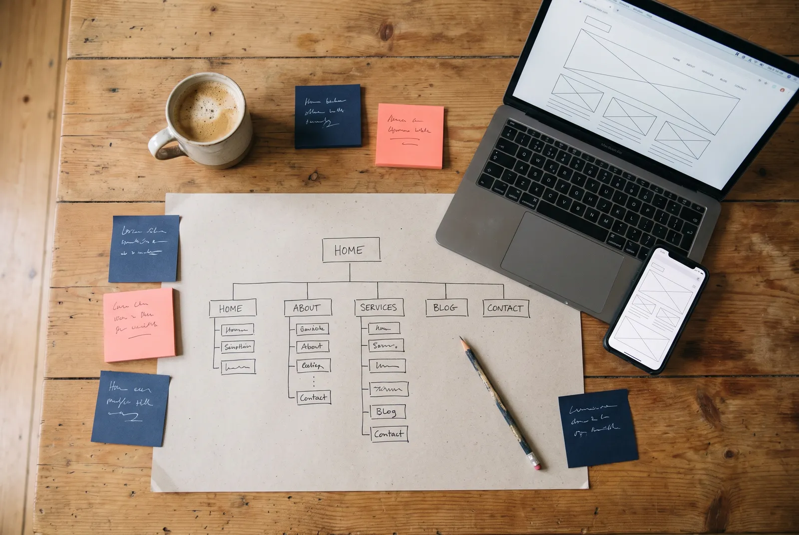 A hand-drawn website sitemap on a desk beside a laptop showing a page wireframe