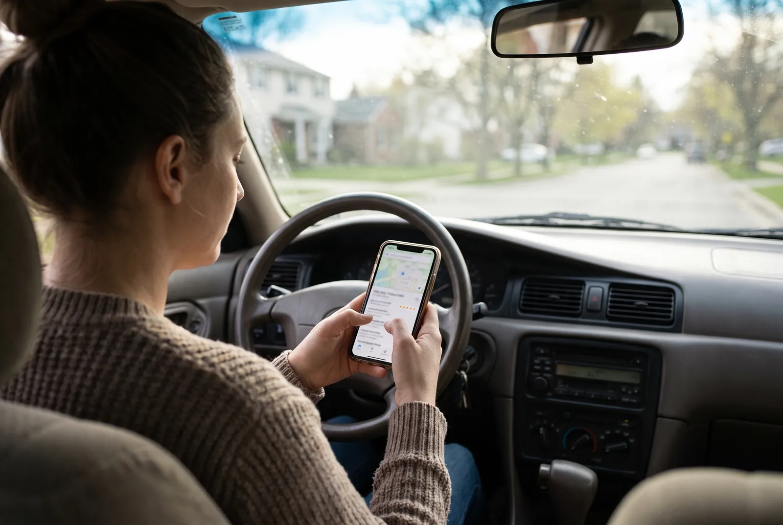 A woman in her parked car searching for a local plumber on her phone