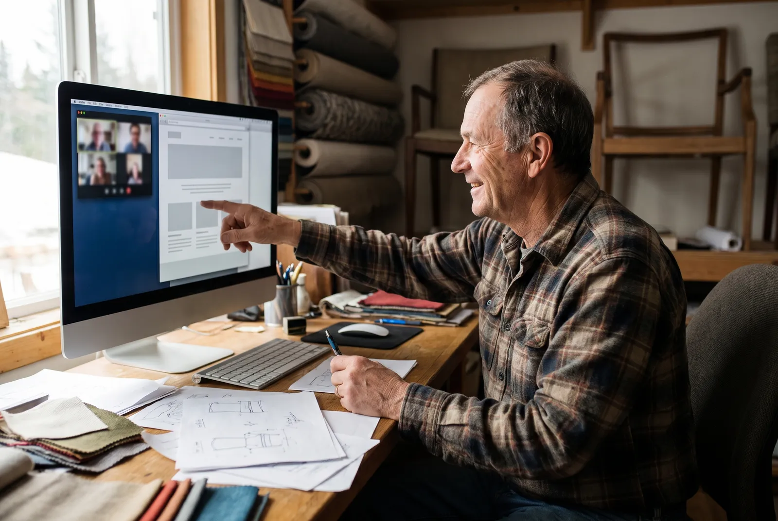An upholstery shop owner on a video call, pointing at a website design on his monitor